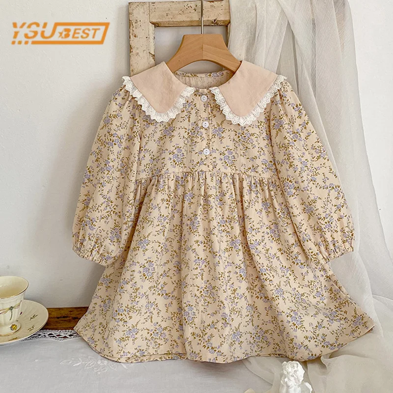 Autumn Arrival Kids Girls Flowers Pattern Long Sleeves Crew Neck Dress