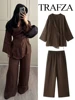 TRAFZA Women's Summer Fashion Linen Solid Color Shirt Set Belted Cardigan Kimono Top + High Waist Women's Pleated Pants 2-piece 1