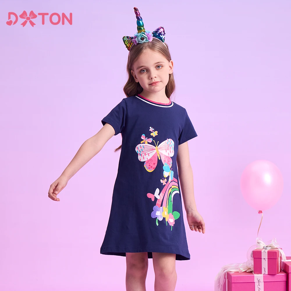 

DXTON Summer Girls Casual Dresses Short Sleeve Toddler Dress For Girls Butterfly Floral Printed Children Cotton Kids Dress 3-12Y