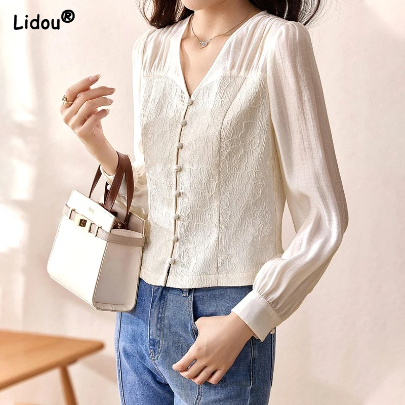 2023 New Spring and Summer Fashion Retro Exquisite Temperament Commuting Minimalist V-neck Jacquard Patchwork Long Sleeved Shirt 3 8cm wide vintage jacquard shoulder straps universal fashion style temperament precision woven high quality shoulder straps