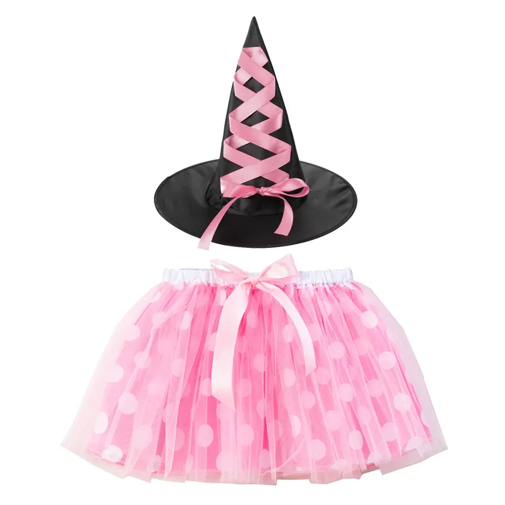 

Children Girls Halloween Polka Dot Spiderweb Witch Skirt Hat Spider Web Tutu Outfit Party Dress Up Cosplay Costumes Carnival