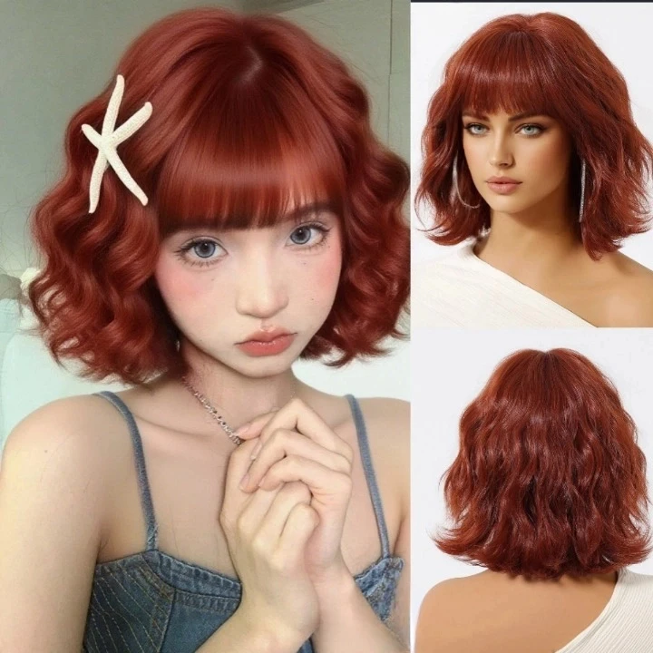 Platinblonde, kurze, gewellte Bob-Synthetik-Perücke mit Pony, flauschige, natürliche, hitzebeständige Faser, Cosplay, tägliche Party-Perücke für Frauen – Detail 9