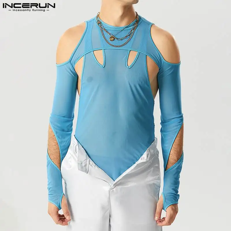 

INCERUN Sexy Style Men Bodysuits Casual Deconstructive Design Mesh Bodysuits Fashion Hollow See-through Triangle Jumpsuits S-5XL