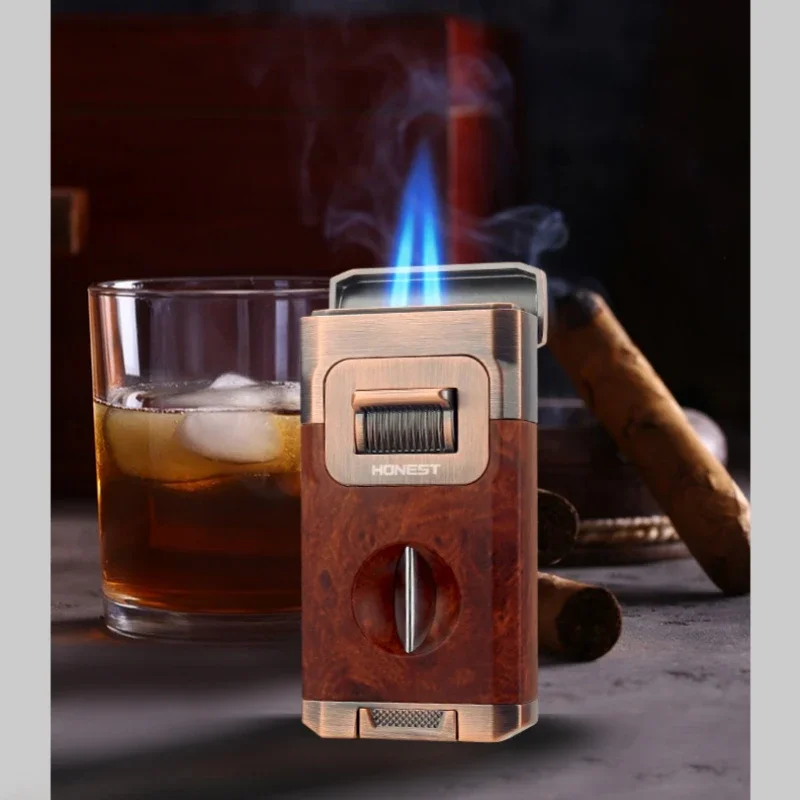 

2024 Classic Cigar Lighter with V Cutter Cigar Holder Double Jet Flame Butane Refillable Torch Lighter Luxury Cigar Accessories