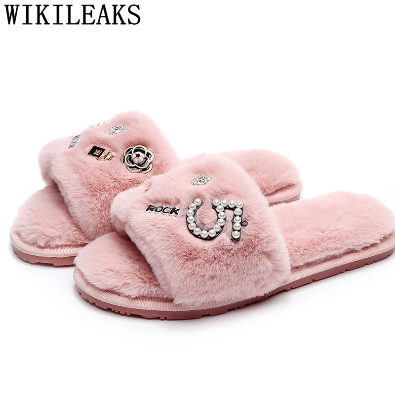 Zapatillas de con decoración de Perfume de diseñador para mujer, chanclas de invierno, sandalias de piel cuentas de perlas de Camelia, pantuflas rosas|Zapatillas| - AliExpress