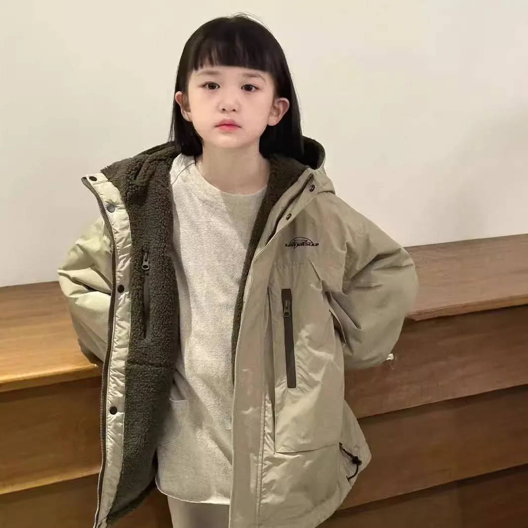 Winter Girls Boys Casual Two Way Wear Thick Warm Single Fleece Jacket Kids Hooded Coat Outerwear