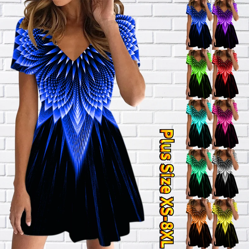 

Cute Short Dress V Neck Short Sleeve Women's V Neck Fashion Print Sleeve A-Line Short Dress Plus Size Summer Swing Mini Dress