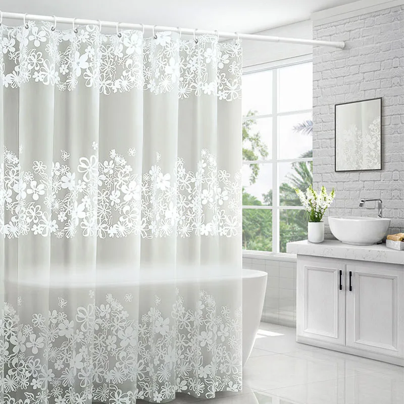 Flowers Shower Curtains Waterproof PEVA Water Droplets Striped Bath Curtain Mildewproof Bathing Cover 12pcs Plastic Hooks