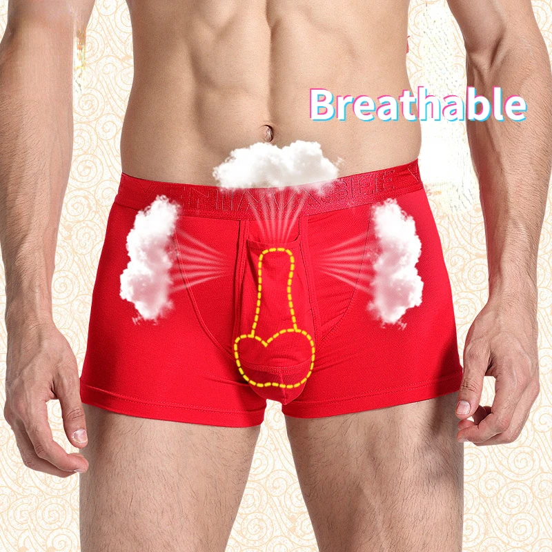 Man Sexy Breathable Lingerie Red Penis Pouch Boxers Low Waist Fashion Underwear Soft Gay Erotic Panties Chinese Style Boy Shorts