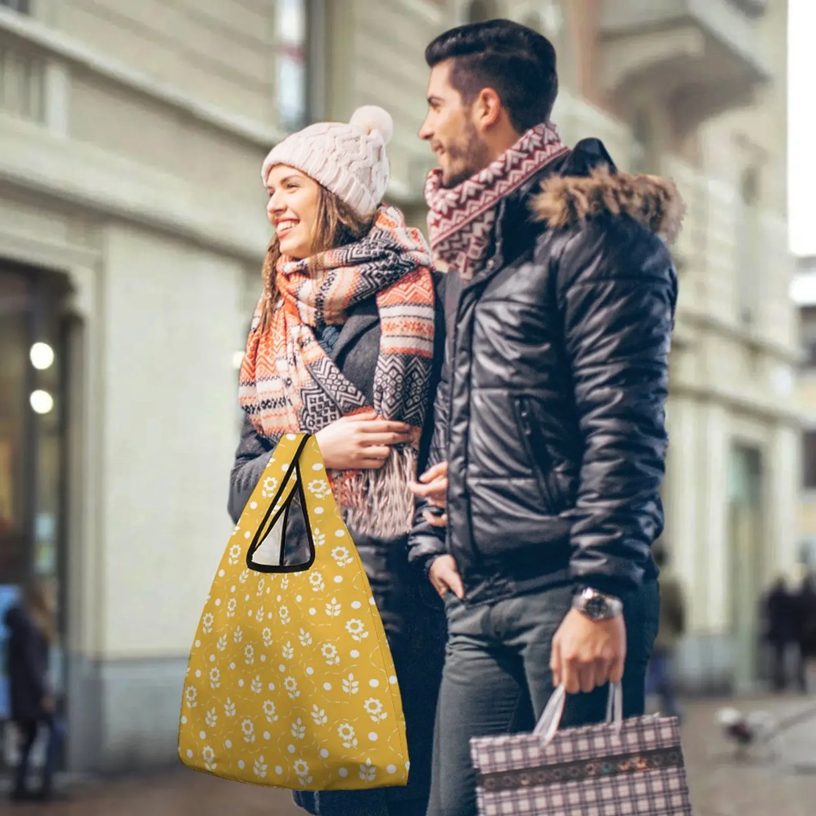 Foldable Shopping Bag Supermarket Shopping Bags Yellow Flower Print Clothing Shoes Packaging Cloth Bags Customizable Printing