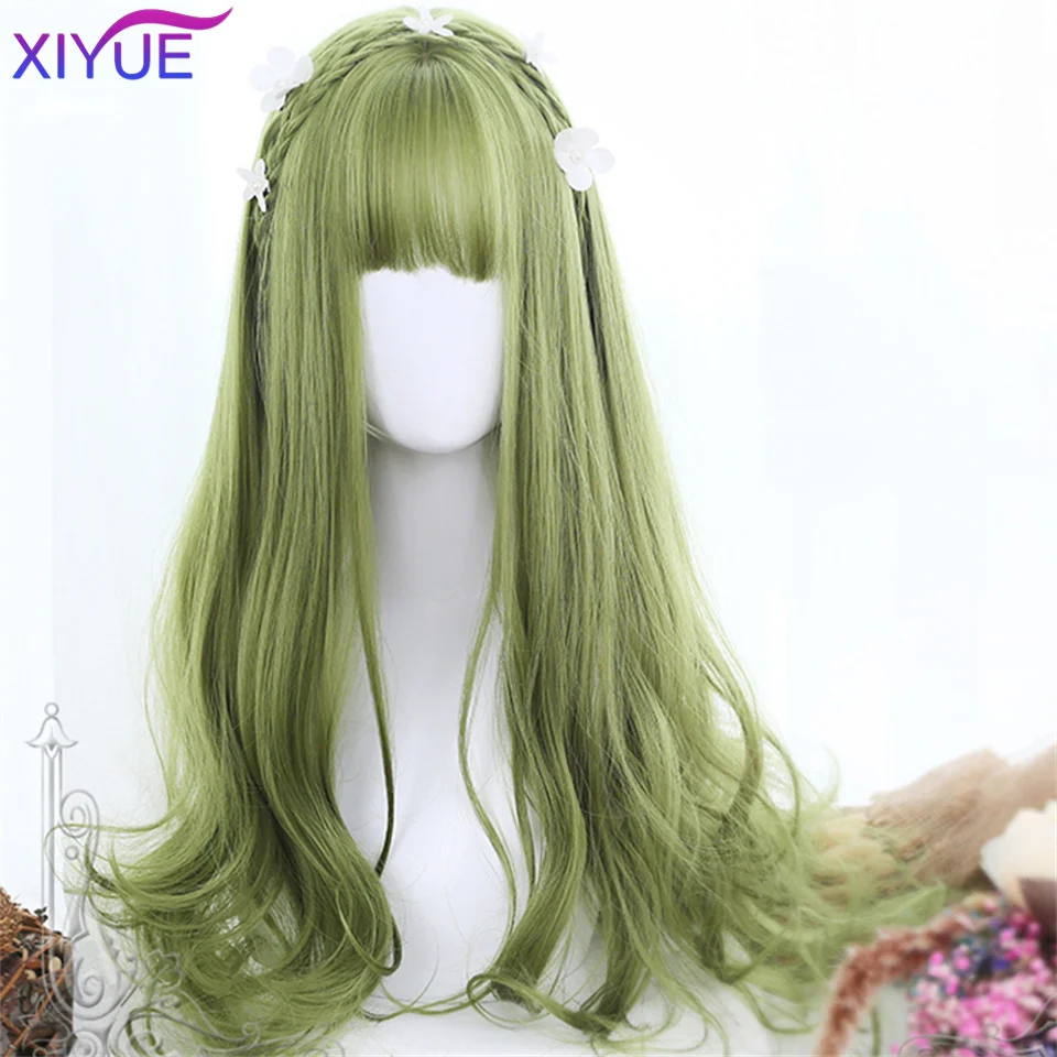 XIYUE Green Long Straight Synthetic Wigs for Women Natural Wave Wigs with Bangs Heat Resistant Cosplay Hair Halloween