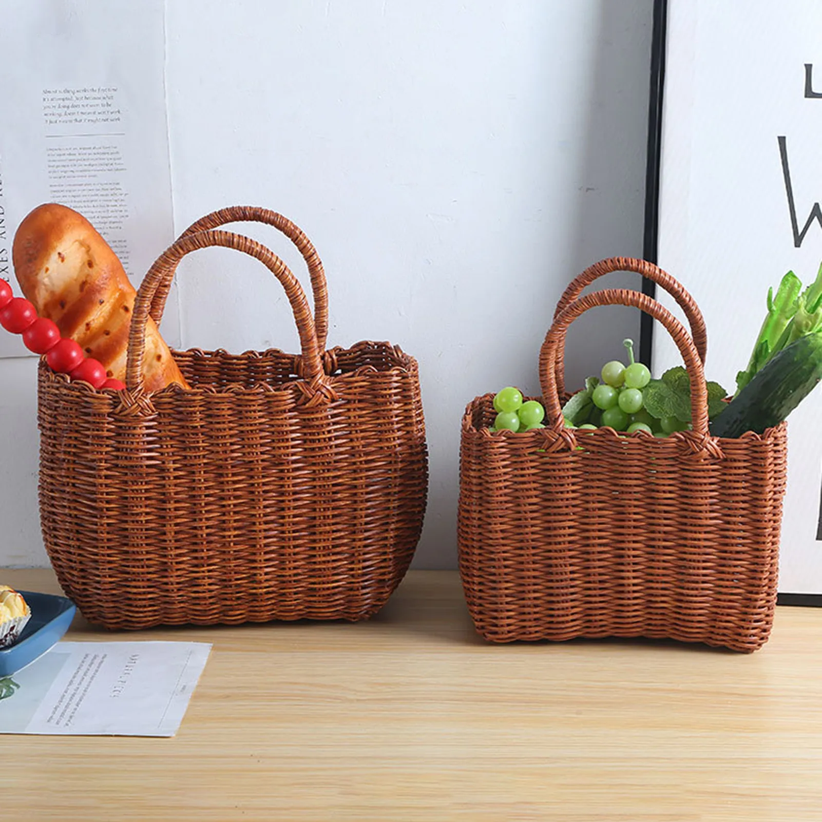 Plastic Woven Portable Grocery Shopping Storage Basket Handmade Camping Picnic Basket with Handle Portable Woven Market Grocery Basket 