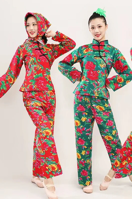 China Northeast Printed Village Girl Errenzhuan Performance Dress Funny Square Dance Yangge Costume Ethnic Top Pants Suit