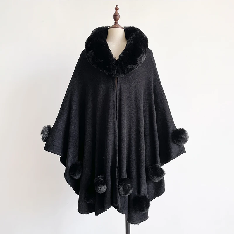 Winter New Thicken Women's Mink Wool Full Trims Faux Fur Cape - Hooded Loose Fleece Cloak Coat for Party Dress Wraps Warm