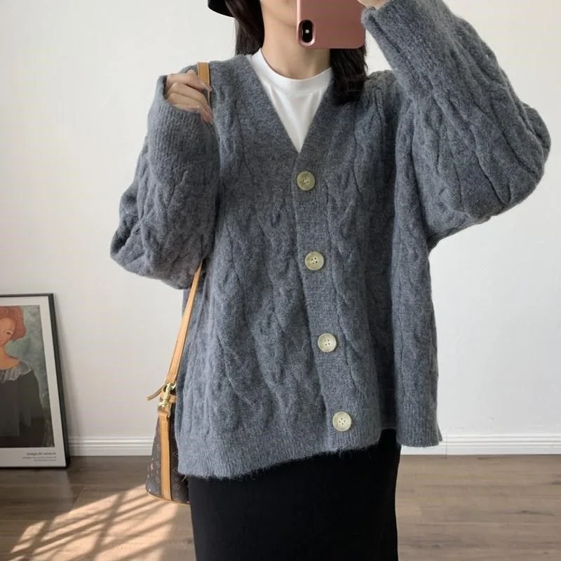 

Korean solid gentle fried dough twist sweater female knitting cardigan autumn and winter 2023 solid loose cardigan sweater coat