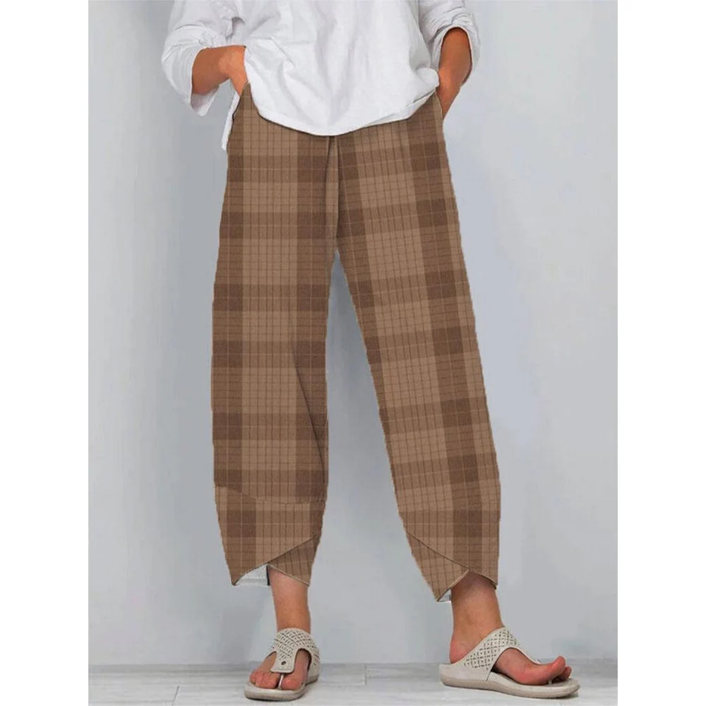 

CLOOCL Autumn Women Pants Loose Fit Trousers Vintage Plaid Pattern Printing Large Check Casual Double Pocket Pants Casual