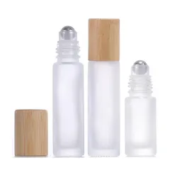 Premium Refillable Glass Roller Bottles with Natural Bamboo Lids - 5ml & 10ml Amber & Clear Vials - 1 bottle (Frosted w Bamboo)