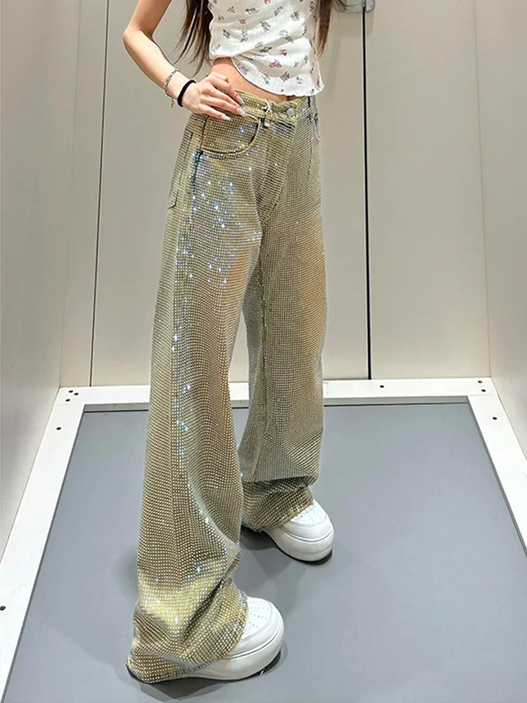 Y2K Women Diamond Jeans Spicy Girl Design Summer Spring New Style Personality Star Print Niche Straight Leg Long Pants 2