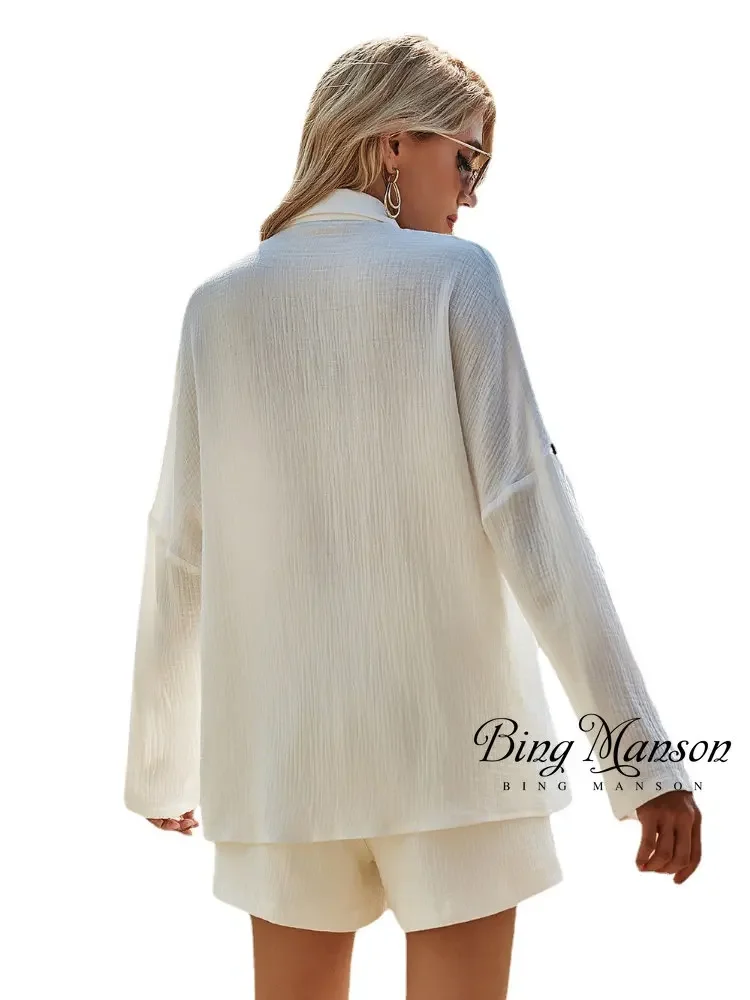 Summer Spring Two Piece Set Tracksuit Casual Outfit Suits Women White Shirt Blouse Tops Cotton Linen Shorts Pants 2 Piece Sets