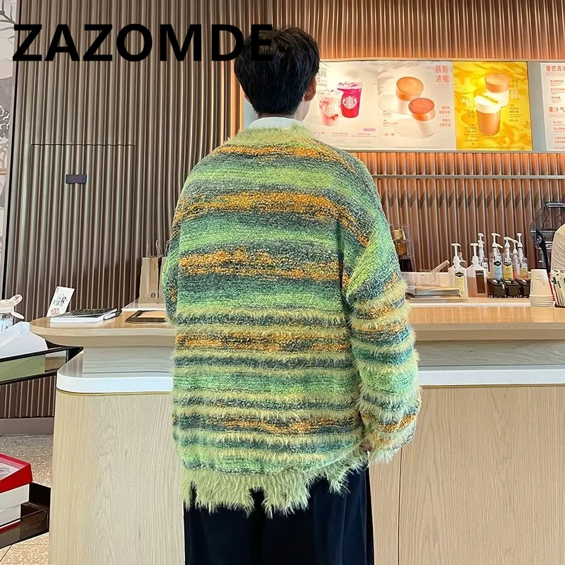 ZAZOMDE Fashion Y2K Cardigan Sweater Contrast Color Striped Sweater V-neck Single Breasted Knitwear Coat High Street Tops Winter