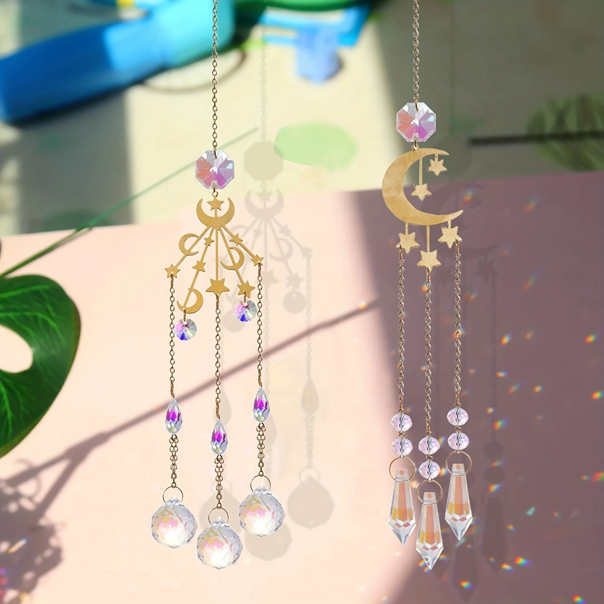 1pc star and moon gold crystal pendant sun catcher garden decoration ab color ball crystal holiday decorations hanging ornaments