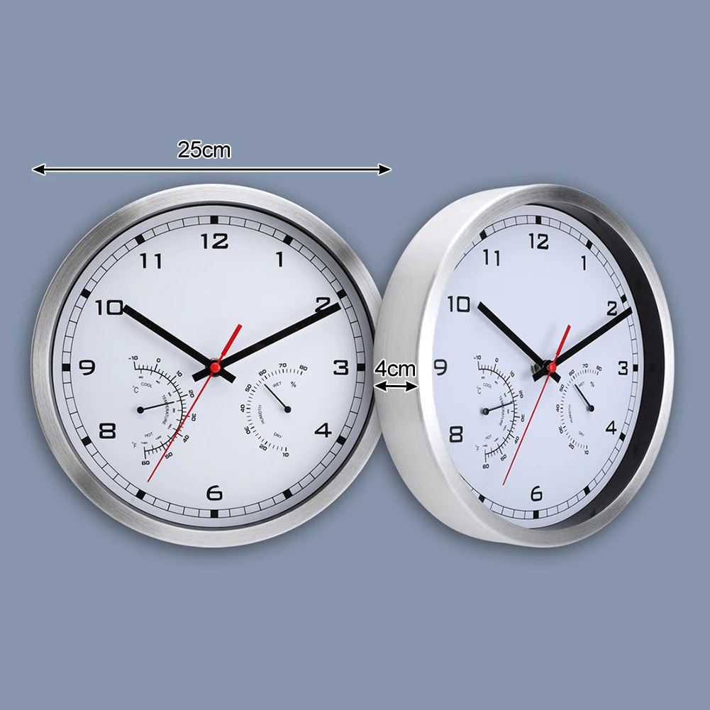 Battery Operated Wall Clock with Silent Movement and Temperature Humidity Display 10 Inch Aluminum Frame Design