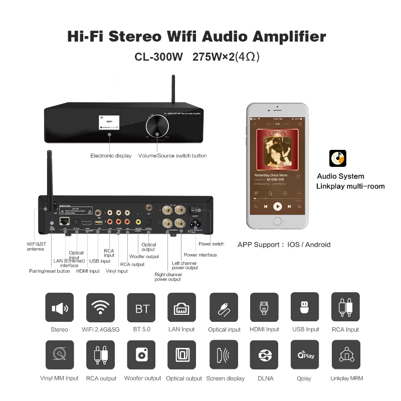 CL-300W Hifi bluetooth USB 3.5 미리메터 Hifi 증폭기 HDM I Airplay LAN BT 광 비닐 USB 입력 2*275 와트 (High) 저 (힘 스테레오 audio 힘 증폭기