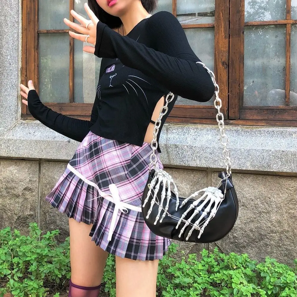 Xiuya Harajuku Gothic Shoulder Bag Y2K Sweet Cool Girls Skull Dumpling Crossbody Messenger Bag Women Chain Hand Bone Handbags