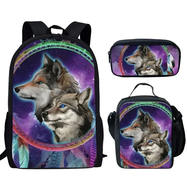 

Dream Catcher Wolf 3pcs/Set Backpack School Student Bookbag Animals Print Casual Daypack Lunch Bag Pencil Case for Teenager Boys