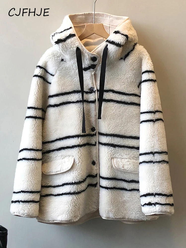 CJFHJE Hooded Teddy Lamb Wool Jackets Women New Winter Warm Korean Fashion Striped Furry Coat Ladies Pocket Plush Overcoat
