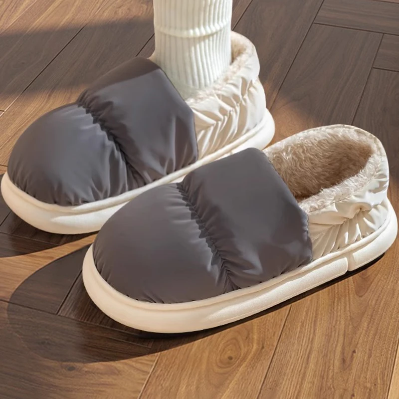 Men's cotton slippers for autumn and winter with a bag heel and warm, waterproof and oversized women's woolen cotton shoes 2