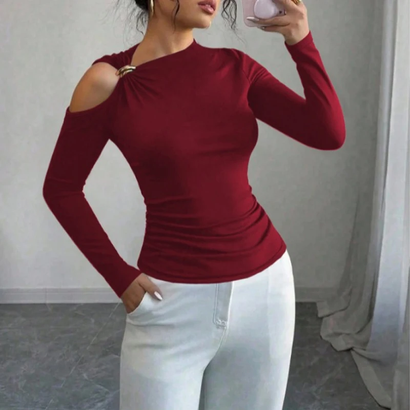 New Fashion Women's Asymmetrical Collar Off-shoulder Long-sleeved Top Retro Metal Decorative Slim-fitting and Thin Blouse