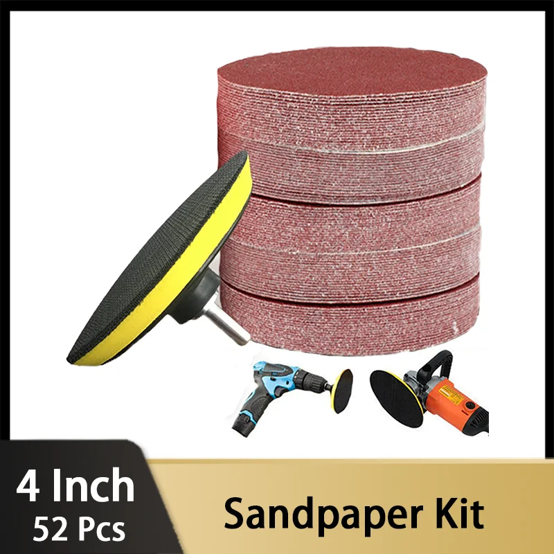 52 PCS Sandpaper Kit 4 Inch with Hook and Loop Backing Pad M10 Drill Adapter Grinding Metal Automotive Ceramic Wall