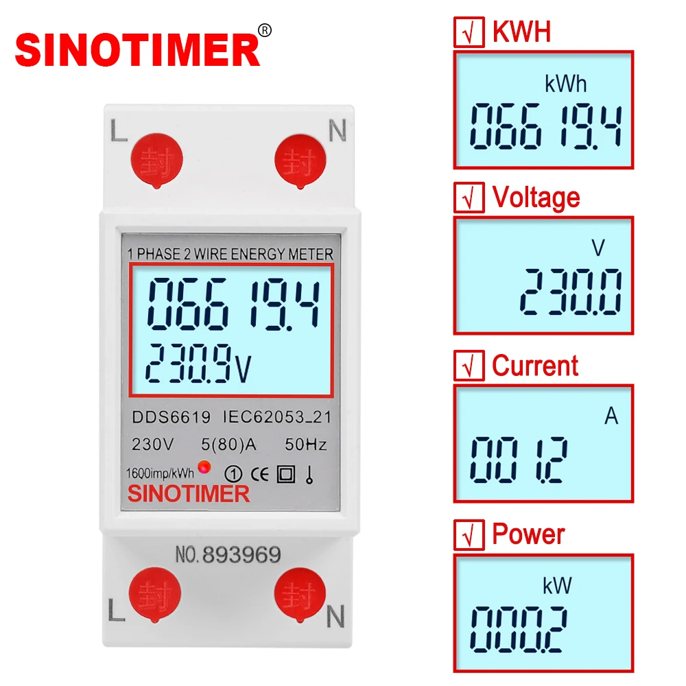 Power Meter Energy Meter Home Usage 80A Load 1 Phase 2 Wires LCD Digital Display Wattmeter Power Consumption Energy kWh Electricity Meter AC 230V 50Hz