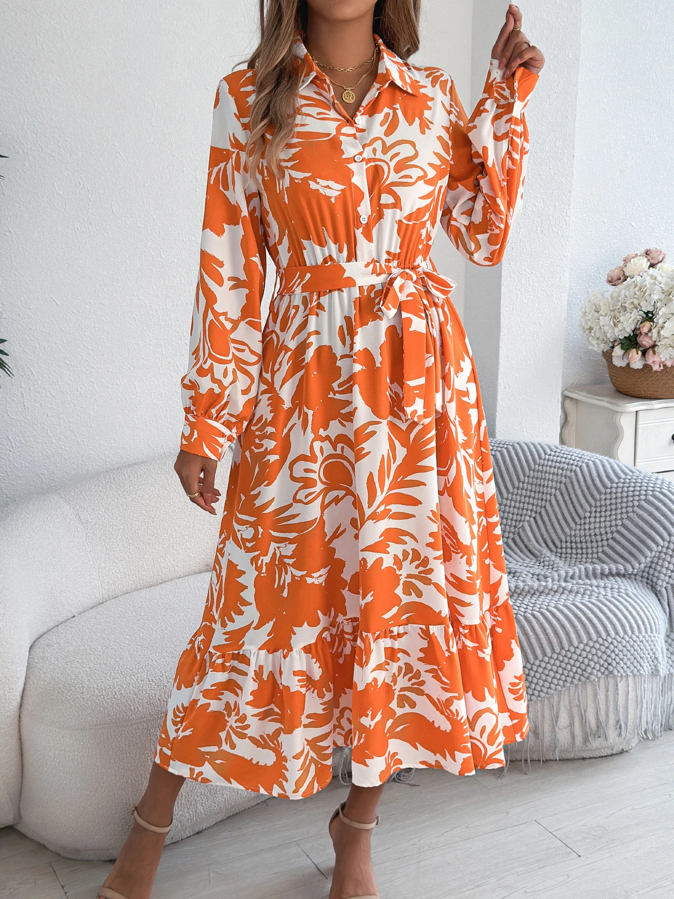 Autumn Floral Lace Up Maxi Dress for Women