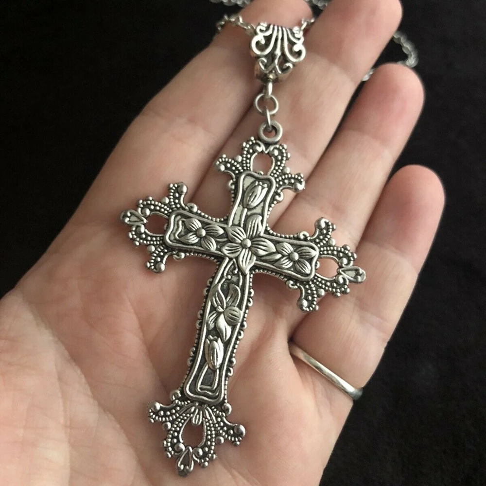 Victorian-Inspired Gothic Silver Cross Necklace with Extra-Long Chain
