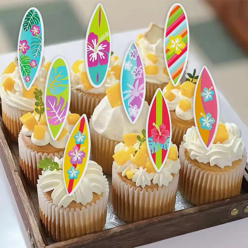 8/16Pcs Hawaiian Surfboard Cupcake Topper for Tropical Summer Luau Birthday Party Cake Decoration Beach Pool Wedding Supplies