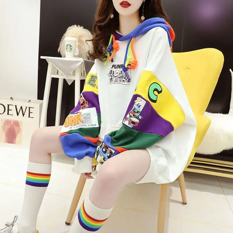 Women's Autumnwinter New Hooded Print Patchwork with Contrasting Colorscasual Versatile Long Sleeved Loose Mid Length Hoodie