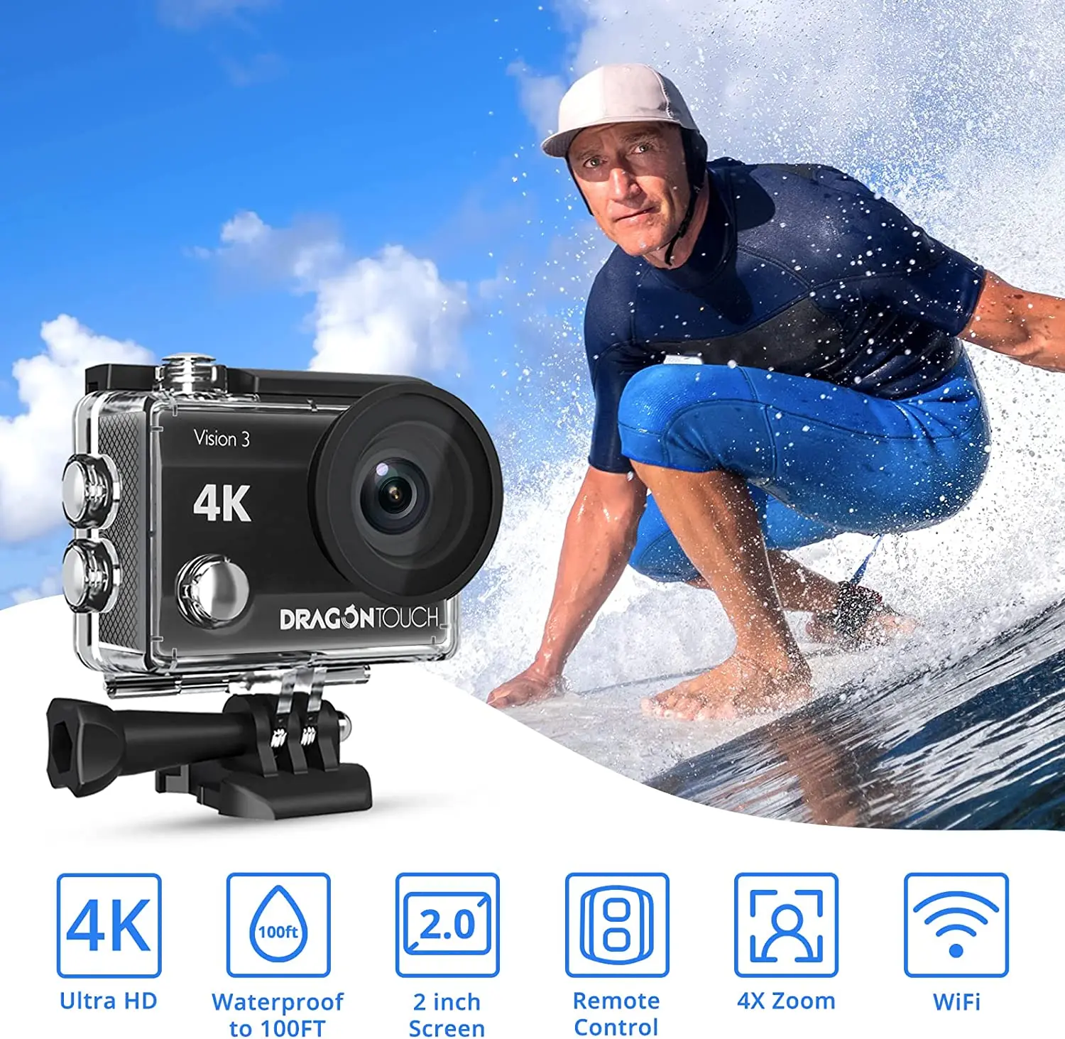 Action Camera 4K 24MP WiFi Underwater Waterproof 40M with Dual Screen 4X  Zoom