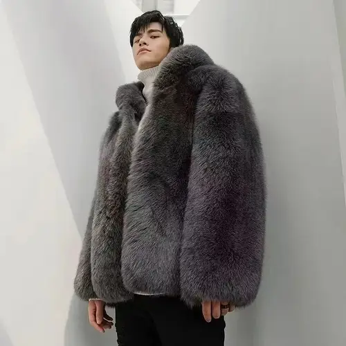 2024 New Winter Thicken Men's Fur Warm Soft Artificial Fox Plush Hoodies with Hat Fashion Light Luxury Top Coat Male Windbreaker - Image 2