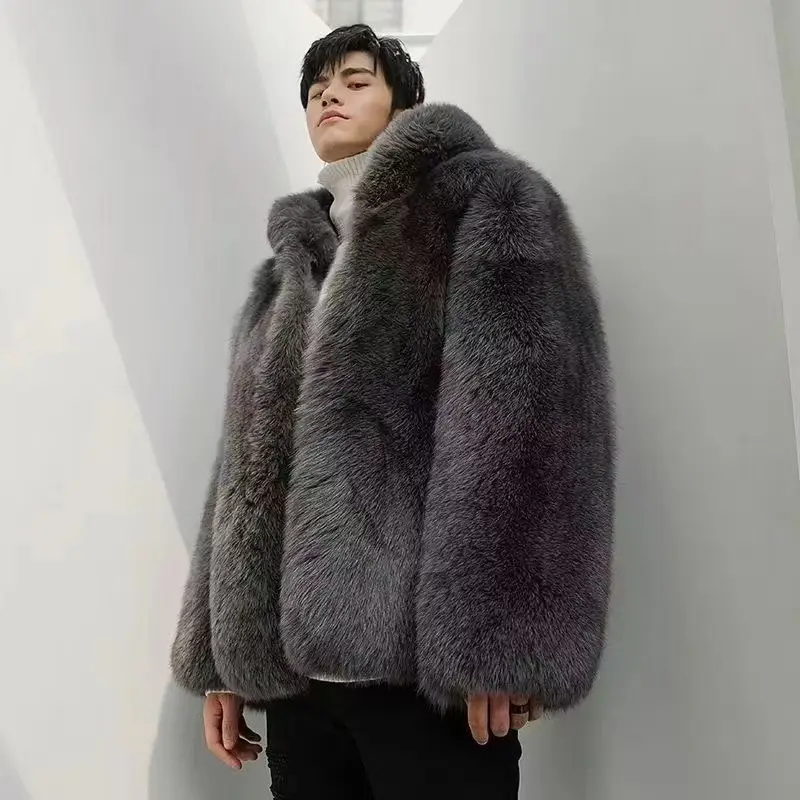 2024 New Winter Thicken Men's Fur Warm Soft Artificial Fox Plush Hoodies with Hat Fashion Light Luxury Top Coat Male Windbreaker - Image 2