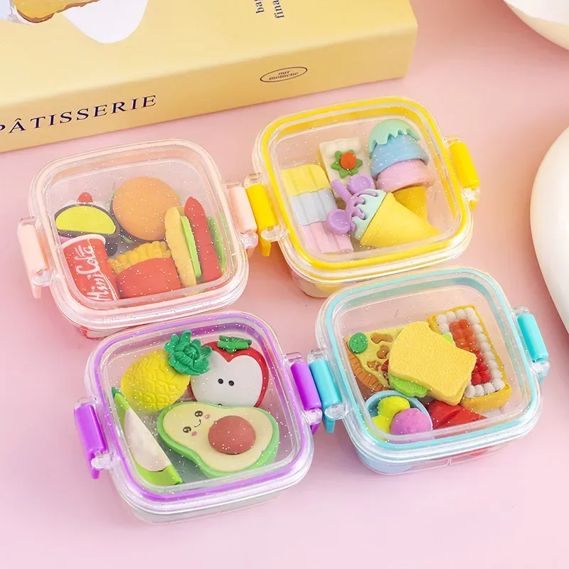 Random 1pc Lunch Box Eraser Set Lovely Eraser Soft Pencil School Students Stationery Supplies Exquisite Prize Gifts
