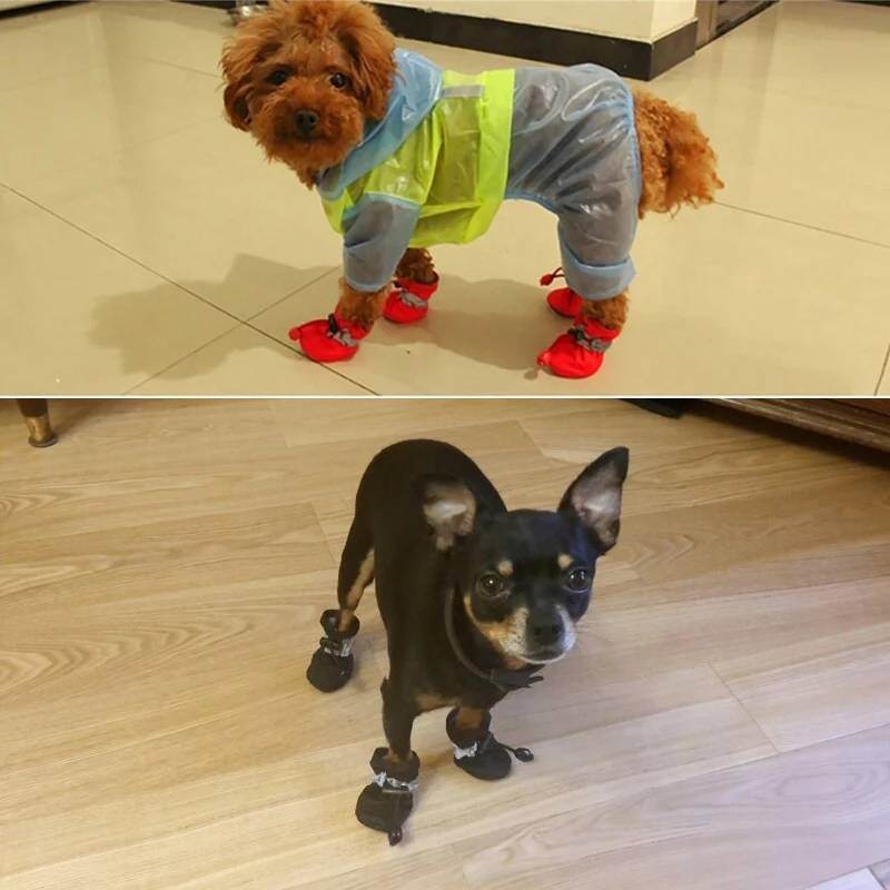 Title 18, 4pcs/set Waterproof Pet Dog Shoes Anti-slip Rai...