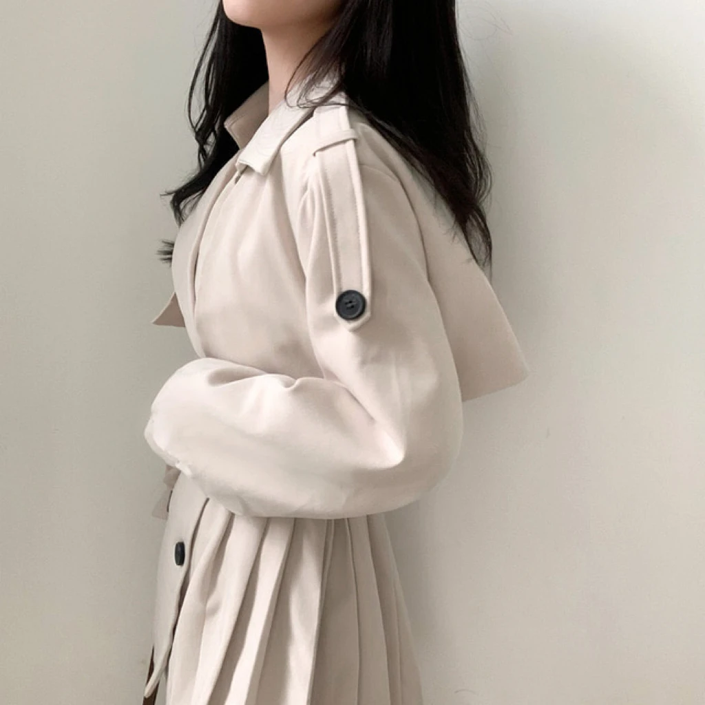 Gabardina elegante y plisada de estilo coreano para mujer, vestido con cinturón, cuello vuelto, doble botonadura, liso, para otoño