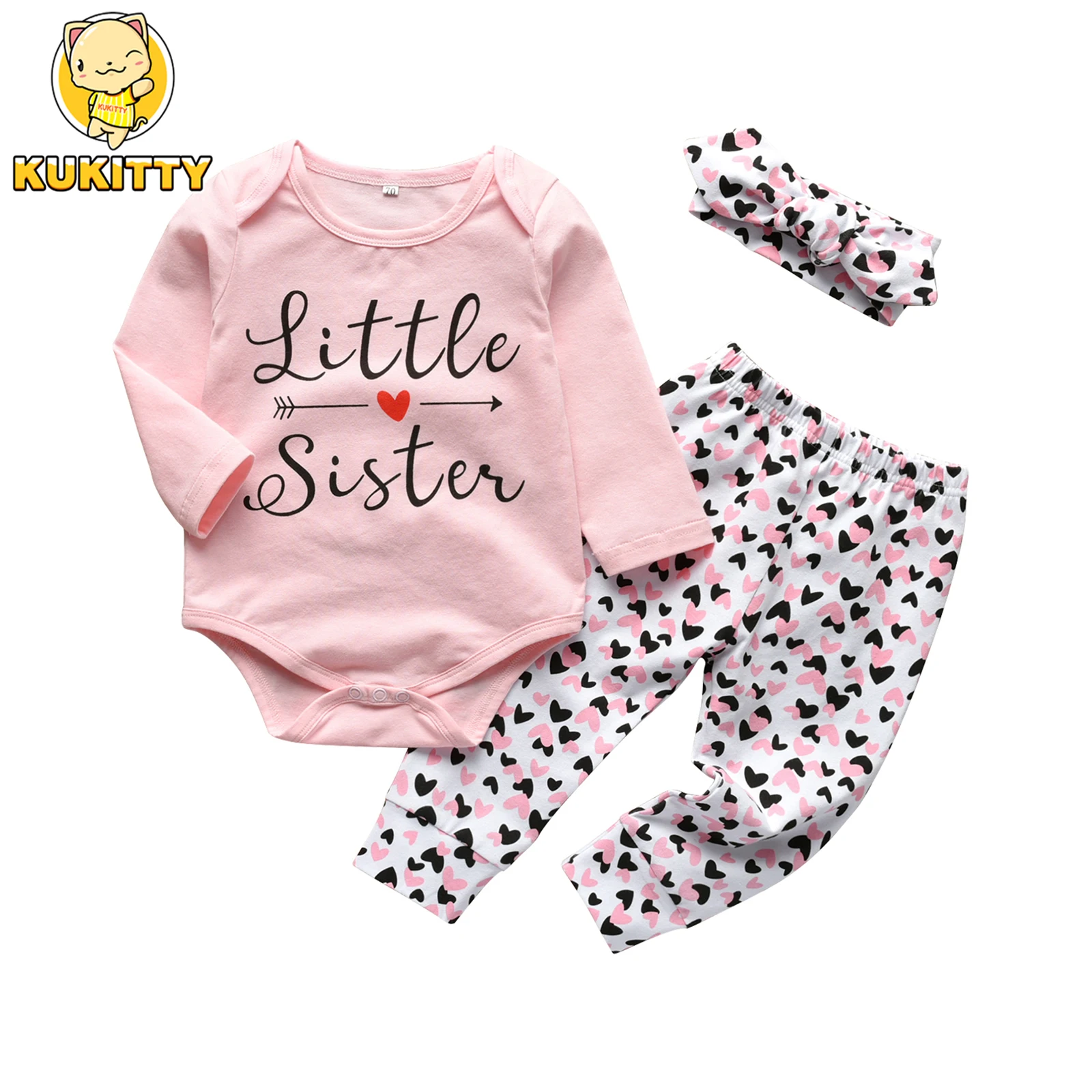 3pcs Newborn Baby Girls Clothes Set Long Sleeve Letter Little Sister 