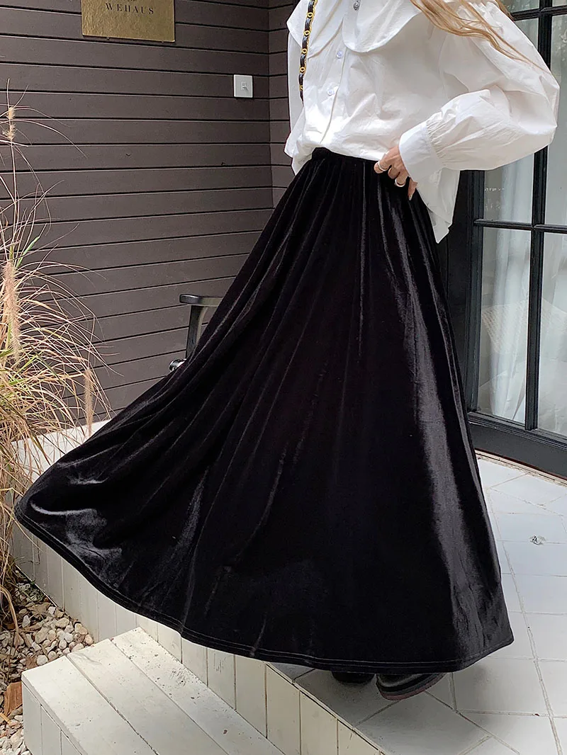 S 2XL 2 Styles Ball Grown Velvet Skirt Women Long Skirts A Line Empire High Elastic