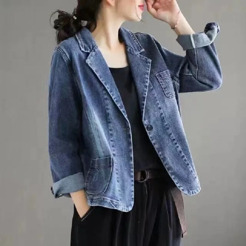 Women Blazers Spring and Autumn Outwear Denim Coat Single Botton Pockets Jacket men blazers jacket spring autumn slim fit cardigan single button blazers korean men long sleeve v neck turn down collar blazers