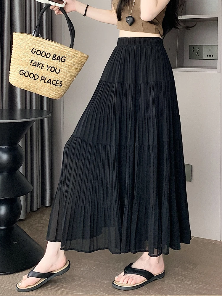 863850-64b21f.jpg Plus Size Chiffon Skirt For Women Summer Skirt 2025 New Arrival High Elastic Waist Pleated A Line Long Skirt Large Size Skirts - Image 1