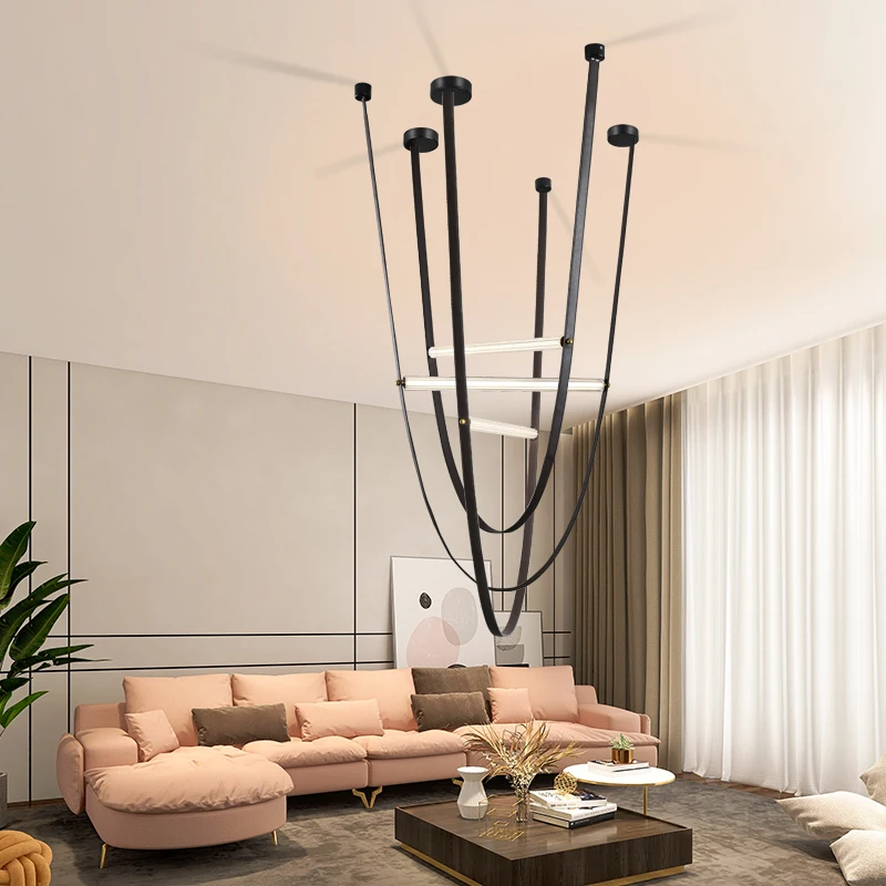 

Postmodern Minimalist Belt Pendant Lamp Glass Tube Lamp Creative LED Lighting Living Room Duplex Villa Staircase Pendant Lamp