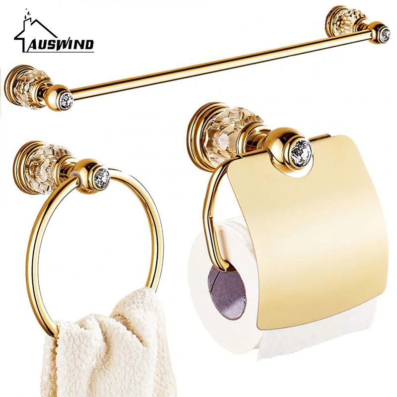 

Luxury Zirconium Gold Solid Brass Toilet Paper Holder Polished Towel Bar Crystal Round Base Ring Bathroom Accessories